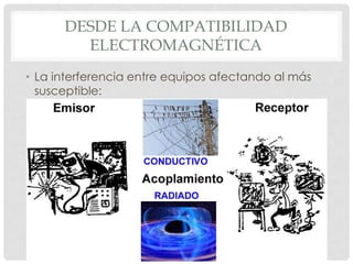 DESDE LA COMPATIBILIDAD
ELECTROMAGNÉTICA
• La interferencia entre equipos afectando al más
susceptible:
 