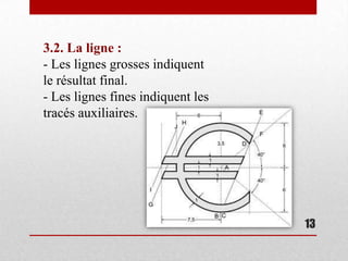 3.2. La ligne :
- Les lignes grosses indiquent
le résultat final.
- Les lignes fines indiquent les
tracés auxiliaires.




                                   13
 