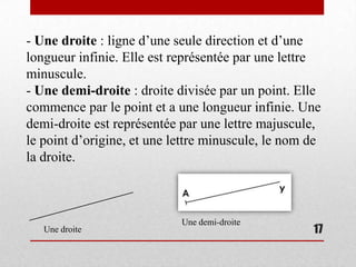 - Une droite : ligne d’une seule direction et d’une
longueur infinie. Elle est représentée par une lettre
minuscule.
- Une demi-droite : droite divisée par un point. Elle
commence par le point et a une longueur infinie. Une
demi-droite est représentée par une lettre majuscule,
le point d’origine, et une lettre minuscule, le nom de
la droite.



                            Une demi-droite
   Une droite                                       17
 