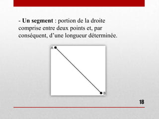 - Un segment : portion de la droite
comprise entre deux points et, par
conséquent, d’une longueur déterminée.




                                         18
 