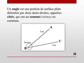 Un angle est une portion de surface plate
délimitée par deux demi-droites, appelées
côtés, qui ont un sommet (vèrtex) en
commun.


                        Côté




            Sommet
                                 Côté



                                            23
 