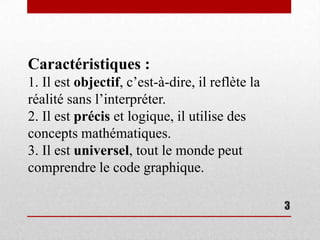 Caractéristiques :
1. Il est objectif, c’est-à-dire, il reflète la
réalité sans l’interpréter.
2. Il est précis et logique, il utilise des
concepts mathématiques.
3. Il est universel, tout le monde peut
comprendre le code graphique.

                                                  3
 