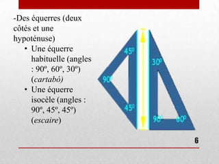-Des équerres (deux
côtés et une
hypoténuse)
   • Une équerre
     habituelle (angles
     : 90º, 60º, 30º)
     (cartabó)
   • Une équerre
     isocèle (angles :
     90º, 45º, 45º)
     (escaire)

                          6
 