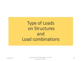 Type of Loads
on Structures
and
Load combinations
12-08-2022
Compiled by Dr Y.K.Sabapathy, Prof.,Civil
Engg. Dept., SSNCE
10
 
