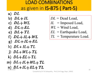 LOAD COMBINATIONS
as given in IS-875 ( Part-5)
DL = Dead Load,
IL = Imposed Load,
WL = Wind Load,
EL = Earthquake Load,
TL = Temperature Load.
12-08-2022
Compiled by Dr Y.K.Sabapathy, Prof.,Civil Engg. Dept., SSNCE
18
 