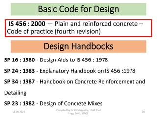 Basic Code for Design
IS 456 : 2000 — Plain and reinforced concrete –
Code of practice (fourth revision)
Design Handbooks
SP 16 : 1980 - Design Aids to IS 456 : 1978
SP 24 : 1983 - Explanatory Handbook on IS 456 :1978
SP 34 : 1987 - Handbook on Concrete Reinforcement and
Detailing
SP 23 : 1982 - Design of Concrete Mixes
12-08-2022
Compiled by Dr Y.K.Sabapathy, Prof.,Civil
Engg. Dept., SSNCE
20
 