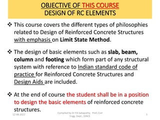 OBJECTIVE OF THIS COURSE
DESIGN OF RC ELEMENTS
 This course covers the different types of philosophies
related to Design of Reinforced Concrete Structures
with emphasis on Limit State Method.
 The design of basic elements such as slab, beam,
column and footing which form part of any structural
system with reference to Indian standard code of
practice for Reinforced Concrete Structures and
Design Aids are included.
 At the end of course the student shall be in a position
to design the basic elements of reinforced concrete
structures.
12-08-2022
Compiled by Dr Y.K.Sabapathy, Prof.,Civil
Engg. Dept., SSNCE
5
 