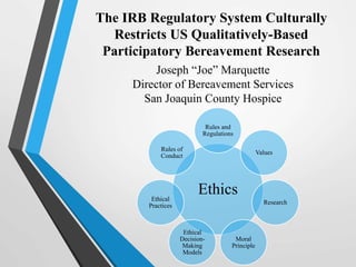The IRB Regulatory System Culturally
Restricts US Qualitatively-Based
Participatory Bereavement Research
Joseph “Joe” Marquette
Director of Bereavement Services
San Joaquin County Hospice
Ethics
Rules and
Regulations
Values
Research
Moral
Principle
Ethical
Decision-
Making
Models
Ethical
Practices
Rules of
Conduct
 