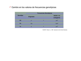  Cambio en los valores de frecuencias genotípicas
Genotipo
Frecuencias Genotípicas
Originales
debido a la
endogamia
BB p2
+ pqF
Bb 2pq - 2pqF
bb q2
+ pqF
FUENTE: Polak, E.J. 1987. Genetics for the Animal Sciences
 