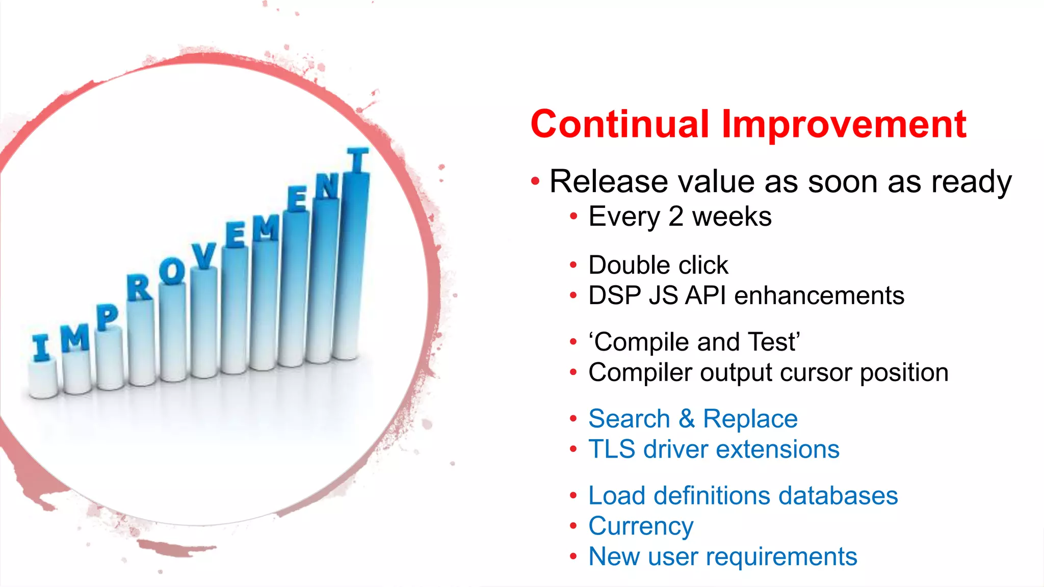 Dev Conf
Continual Improvement
• Release value as soon as ready
• Every 2 weeks
• Double click
• DSP JS API enhancements
• ‘Compile and Test’
• Compiler output cursor position
• Search & Replace
• TLS driver extensions
• Load definitions databases
• Currency
• New user requirements
 