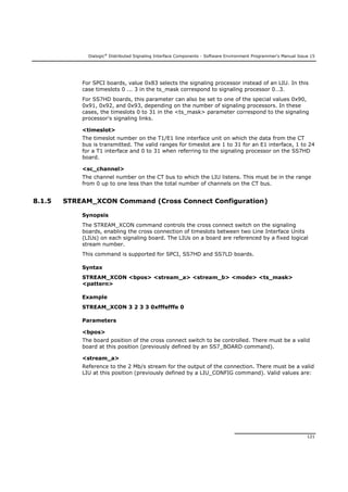 Dialogic®
Distributed Signaling Interface Components - Software Environment Programmer's Manual Issue 15
121
For SPCI boards, value 0x83 selects the signaling processor instead of an LIU. In this
case timeslots 0 ... 3 in the ts_mask correspond to signaling processor 0…3.
For SS7HD boards, this parameter can also be set to one of the special values 0x90,
0x91, 0x92, and 0x93, depending on the number of signaling processors. In these
cases, the timeslots 0 to 31 in the <ts_mask> parameter correspond to the signaling
processor's signaling links.
<timeslot>
The timeslot number on the T1/E1 line interface unit on which the data from the CT
bus is transmitted. The valid ranges for timeslot are 1 to 31 for an E1 interface, 1 to 24
for a T1 interface and 0 to 31 when referring to the signaling processor on the SS7HD
board.
<sc_channel>
The channel number on the CT bus to which the LIU listens. This must be in the range
from 0 up to one less than the total number of channels on the CT bus.
8.1.5 STREAM_XCON Command (Cross Connect Configuration)
Synopsis
The STREAM_XCON command controls the cross connect switch on the signaling
boards, enabling the cross connection of timeslots between two Line Interface Units
(LIUs) on each signaling board. The LIUs on a board are referenced by a fixed logical
stream number.
This command is supported for SPCI, SS7HD and SS7LD boards.
Syntax
STREAM_XCON <bpos> <stream_a> <stream_b> <mode> <ts_mask>
<pattern>
Example
STREAM_XCON 3 2 3 3 0xfffefffe 0
Parameters
<bpos>
The board position of the cross connect switch to be controlled. There must be a valid
board at this position (previously defined by an SS7_BOARD command).
<stream_a>
Reference to the 2 Mb/s stream for the output of the connection. There must be a valid
LIU at this position (previously defined by a LIU_CONFIG command). Valid values are:
 