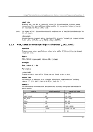 Dialogic®
Distributed Signaling Interface Components - Software Environment Programmer's Manual Issue 15
141
<def_vci>
A default AAL5 link will be configured for the cell stream to signal incoming active
connections. This is the VCI that will be used for this connection. Values 0, 3, and 4
are reserved and should not be used.
Note: The default VPI/VCI combination configured here must not be specified for any AAL5 link on
this cell stream.
<timeslot>
Bitmap of active timeslots within the above TDM streams. Typically the timeslot bitmap
for E1 will be 0xfffefffe and for T1/J1 will be 0x01fffffe.
8.5.3 ATM_TIMER Command (Configure Timers for Q.SAAL Links)
Synopsis
This command allows specific timer values to be set for STM links. Otherwise default
values are used.
Syntax
ATM_TIMER <reserved> <timer_id> <value>
Example
ATM_TIMER 0 T1 10
Parameters
<reserved>
This parameter is reserved for future use and should be set to zero.
<timer_id>
The identifier of the timer to be changed. It should be set to one of the following
tokens: CC, KEEP_ALIVE, NO_RESP, POLL, IDLE, T1, T2, T3.
<value>
The timer value in milliseconds. Any timers not explicitly configured use the default
values shown.
Timer ID Default Value (ms) Range (min - max)
CC 1,500 15 - 2,500
KEEP_ALIVE 300 15 - 2,500
NO_RESP 1,500 100 - 10,000
POLL 100 20 - 600
IDLE 100 20 - 600
T1 5,000 1,000 - 20,000
T2 120,000 10,000 - 300,000
T3 10 1 - 30
 