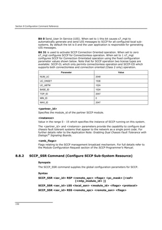 Section 8 Configuration Command Reference
150
Bit 0 Send_User In Service (UIS). When set to 1 this bit causes s7_mgt to
automatically generate and send UIS messages to SCCP for all configured local sub-
systems. By default the bit is 0 and the user application is responsible for generating
UIS messages.
Bit 31 is used to activate SCCP Connection Oriented operation. When set to zero
s7_mgt configures SCCP for Connectionless operation. When set to 1 s7_mgt
configures SCCP for Connection Orientated operation using the fixed configuration
parameter values shown below. Note that for SCCP operation two license types are
available: SCCP-CL which only permits connectionless operation and SCCP-CO which
supports both connectionless and connection oriented (Class 2 only) operation.
Parameter Value
NUM_UC 2048
UC_ONSET 1536
UC_ABTM 1024
BASE_ID 1024
TOP_ID 2047
MIN_ID 0
MAX_ID 2047
<partner_id>
Specifies the module_id of the partner SCCP module.
<instance>
Value in the range 0 - 15 which specifies the instance of SCCP running on this system.
The <partner_id> and <instance> parameters provide the capability to configure dual
chassis fault tolerant systems that appear to the network as a single point code. For
further details refer to the Application Note: Enabling Dual Chassis Fault Tolerance with
Dialogic®
Signaling Boards.
<smb_flags>
Flags relating to the SCCP management broadcast mechanism. For full details refer to
the Module Configuration Request section of the SCCP Programmer's Manual.
8.8.2 SCCP_SSR Command (Configure SCCP Sub-System Resource)
Synopsis
The SCCP_SSR command supplies the global configuration parameters for SCCP.
Syntax
SCCP_SSR <ssr_id> RSP <remote_spc> <flags> <pc_mask> [<ssf>
[<mtp_module_id> ]]
SCCP_SSR <ssr_id> LSS <local_ssn> <module_id> <flags> <protocol>
SCCP_SSR <ssr_id> RSS <remote_spc> <remote_ssn> <flags>
 
