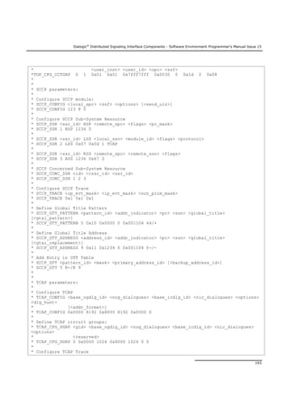 Dialogic®
Distributed Signaling Interface Components - Software Environment Programmer's Manual Issue 15
193
* <user_inst> <user_id> <opc> <ssf>
*TUP_CFG_CCTGRP 0 1 0x01 0x01 0x7fff7fff 0x0030 0 0x1d 2 0x08
*
*
* SCCP parameters:
*
* Configure SCCP module:
* SCCP_CONFIG <local_spc> <ssf> <options> [<send_uis>]
* SCCP_CONFIG 123 8 0
*
* Configure SCCP Sub-System Resource
* SCCP_SSR <ssr_id> RSP <remote_spc> <flags> <pc_mask>
* SCCP_SSR 1 RSP 1236 0
*
* SCCP_SSR <ssr_id> LSS <local_ssn> <module_id> <flags> <protocol>
* SCCP_SSR 2 LSS 0x07 0x0d 1 TCAP
*
* SCCP_SSR <ssr_id> RSS <remote_spc> <remote_ssn> <flags>
* SCCP_SSR 3 RSS 1236 0x67 0
*
* SCCP Concerned Sub-System Resource
* SCCP_CONC_SSR <id> <cssr_id> <ssr_id>
* SCCP_CONC_SSR 1 2 3
*
* Configure SCCP Trace
* SCCP_TRACE <op_evt_mask> <ip_evt_mask> <non_prim_mask>
* SCCP_TRACE 0x1 0x1 0x1
*
* Define Global Title Pattern
* SCCP_GTT_PATTERN <pattern_id> <addr_indicator> <pc> <ssn> <global_title>
[<gtai_pattern>]
* SCCP_GTT_PATTERN 5 0x10 0x0000 0 0x001104 44/+
*
* Define Global Title Address
* SCCP_GTT_ADDRESS <address_id> <addr_indicator> <pc> <ssn> <global_title>
[<gtai_replacement>]
* SCCP_GTT_ADDRESS 9 0x11 0x1234 0 0x001104 0-/-
*
* Add Entry in GTT Table
* SCCP_GTT <pattern_id> <mask> <primary_address_id> [<backup_address_id>]
* SCCP_GTT 5 R-/K 9
*
*
* TCAP parameters:
*
* Configure TCAP
* TCAP_CONFIG <base_ogdlg_id> <nog_dialogues> <base_icdlg_id> <nic_dialogues> <options>
<dlg_hunt>
* [<addr_format>]
* TCAP_CONFIG 0x0000 8192 0x8000 8192 0x0000 0
*
* Define TCAP circuit groups:
* TCAP_CFG_DGRP <gid> <base_ogdlg_id> <nog_dialogues> <base_icdlg_id> <nic_dialogues>
<options>
* <reserved>
* TCAP_CFG_DGRP 0 0x0000 1024 0x8000 1024 0 0
*
* Configure TCAP Trace
 