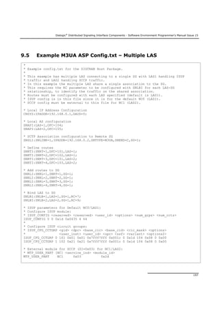 Dialogic®
Distributed Signaling Interface Components - Software Environment Programmer's Manual Issue 15
197
9.5 Example M3UA ASP Config.txt – Multiple LAS
*
* Example config.txt for the SIGTRAN Host Package.
*
* This example has multiple LAS connecting to a single SG with LAS1 handling ISUP
* traffic and LAS2 handling SCCP traffic.
* In this example the multiple LAS share a single association to the SG.
* This requires the RC parameter to be configured with SNLBI for each LAS-SG
* relationship, to identify the traffic on the shared association.
* Routes must be configured with each LAS specified (default is LAS1).
* ISUP config is in this file since it is for the default NC0 (LAS1).
* SCCP config must be external to this file for NC1 (LAS2).
* Local IP Address Configuration
CNSYS:IPADDR=192.168.0.1,DAUD=Y;
* Local AS configuration
SNAPI:LAS=1,OPC=104;
SNAPI:LAS=2,OPC=105;
* SCTP Association configuration to Remote SG
SNSLI:SNLINK=1,IPADDR=192.168.0.2,SNTYPE=M3UA,SNEND=C,SG=1;
* Define routes
SNRTI:SNRT=1,DPC=101,LAS=1;
SNRTI:SNRT=2,DPC=102,LAS=1;
SNRTI:SNRT=3,DPC=101,LAS=2;
SNRTI:SNRT=4,DPC=103,LAS=2;
* Add routes to SG
SNRLI:SNRL=1,SNRT=1,SG=1;
SNRLI:SNRL=2,SNRT=2,SG=1;
SNRLI:SNRL=3,SNRT=3,SG=1;
SNRLI:SNRL=4,SNRT=4,SG=1;
* Bind LAS to SG
SNLBI:SNLB=1,LAS=1,SG=1,RC=7;
SNLBI:SNLB=2,LAS=2,SG=1,RC=9;
* ISUP parameters for Default NC0/LAS1:
* Configure ISUP module:
* ISUP_CONFIG <reserved> <reserved> <user_id> <options> <num_grps> <num_ccts>
ISUP_CONFIG 0 0 0x1d 0x0435 4 64
*
* Configure ISUP circuit groups:
* ISUP_CFG_CCTGRP <gid> <dpc> <base_cic> <base_cid> <cic_mask> <options>
* <user_inst> <user_id> <opc> <ssf> <variant> <options2>
ISUP_CFG_CCTGRP 0 101 0x01 0x01 0x7fff7fff 0x001c 0 0x1d 104 0x08 0 0x00
ISUP_CFG_CCTGRP 1 102 0x21 0x21 0x7fff7fff 0x001c 0 0x1d 104 0x08 0 0x00
* External module for SCCP (SI=0x03) for NC1/LAS2:
* MTP_USER_PART [NC] <service_ind> <module_id>
MTP_USER_PART NC1 0x03 0x2d
 