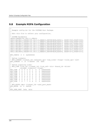 Section 9 Example Configuration Files
200
9.8 Example M2PA Configuration
*
* Example config.txt for the SIGTRAN Host Package.
*
* Edit this file to reflect your configuration.
*
* SYSTEM Parameters
CNSYS:IPADDR=192.168.0.1,PER=0;
SNSLI:SNLINK=1,IPADDR=192.168.0.2,SNEND=C,SNTYPE=M2PA,M2PA=1, HPORT=3565,PPORT=3565;
SNSLI:SNLINK=2,IPADDR=192.168.0.2,SNEND=C,SNTYPE=M2PA,M2PA=2, HPORT=3566,PPORT=3566;
SNSLI:SNLINK=3,IPADDR=192.168.0.2,SNEND=C,SNTYPE=M2PA,M2PA=3, HPORT=3567,PPORT=3567;
SNSLI:SNLINK=4,IPADDR=192.168.0.2,SNEND=C,SNTYPE=M2PA,M2PA=4, HPORT=3568,PPORT=3568;
SNSLI:SNLINK=5,IPADDR=192.168.0.2,SNEND=C,SNTYPE=M2PA,M2PA=5, HPORT=3569,PPORT=3569;
SNSLI:SNLINK=6,IPADDR=192.168.0.2,SNEND=C,SNTYPE=M2PA,M2PA=6, HPORT=3570,PPORT=3570;
SNSLI:SNLINK=7,IPADDR=192.168.0.2,SNEND=C,SNTYPE=M2PA,M2PA=7, HPORT=3571,PPORT=3571;
SNSLI:SNLINK=8,IPADDR=192.168.0.2,SNEND=C,SNTYPE=M2PA,M2PA=8, HPORT=3572,PPORT=3572;
MTP_CONFIG 0 0 0x00000000
*
* Define linksets:
* MTP_LINKSET <linkset_id> <adjacent_spc> <num_links> <flags> <local_spc> <ssf>
MTP_LINKSET 0 10 8 0x0000 100 0x00
*
* Define signaling links:
* MTP_LINK <link_id> <linkset_id> <link_ref> <slc> <board_id> <blink>
* <stream> <timeslot> <flags>
MTP_LINK 0 0 0 0 0 1 0 0 0x80000006
MTP_LINK 1 0 1 1 0 2 0 0 0x80000006
MTP_LINK 2 0 2 2 0 3 0 0 0x80000006
MTP_LINK 3 0 3 3 0 4 0 0 0x80000006
MTP_LINK 4 0 4 4 0 5 0 0 0x80000006
MTP_LINK 5 0 5 5 0 6 0 0 0x80000006
MTP_LINK 6 0 6 6 0 7 0 0 0x80000006
MTP_LINK 7 0 7 7 0 8 0 0 0x80000006
*
* MTP_ROUTE <dpc> <linkset_id> <user_part_mask>
MTP_ROUTE 10 0 0x0028
*
MTP_USER_PART 0x0a 0x1d
 