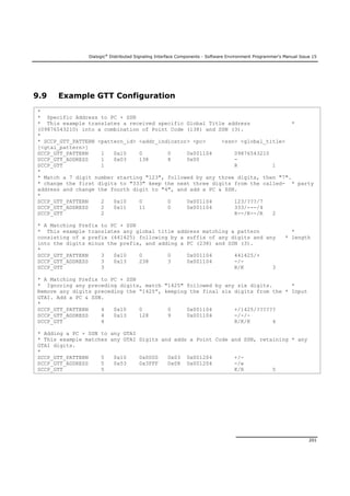Dialogic®
Distributed Signaling Interface Components - Software Environment Programmer's Manual Issue 15
201
9.9 Example GTT Configuration
*
* Specific Address to PC + SSN
* This example translates a received specific Global Title address *
(09876543210) into a combination of Point Code (138) and SSN (3).
*
* SCCP_GTT_PATTERN <pattern_id> <addr_indicator> <pc> <ssn> <global_title>
[<gtai_pattern>]
SCCP_GTT_PATTERN 1 0x10 0 0 0x001104 09876543210
SCCP_GTT_ADDRESS 1 0x03 138 8 0x00 -
SCCP_GTT 1 R 1
*
* Match a 7 digit number starting "123", followed by any three digits, then "7".
* change the first digits to "333" keep the next three digits from the called- * party
address and change the fourth digit to "4", and add a PC & SSN.
*
SCCP_GTT_PATTERN 2 0x10 0 0 0x001104 123/???/7
SCCP_GTT_ADDRESS 2 0x11 11 0 0x001104 333/---/4
SCCP_GTT 2 R--/K--/R 2
* A Matching Prefix to PC + SSN
* This example translates any global title address matching a pattern *
consisting of a prefix (441425) following by a suffix of any digits and any * length
into the digits minus the prefix, and adding a PC (238) and SSN (3).
*
SCCP_GTT_PATTERN 3 0x10 0 0 0x001104 441425/+
SCCP_GTT_ADDRESS 3 0x13 238 3 0x001104 -/-
SCCP_GTT 3 R/K 3
* A Matching Prefix to PC + SSN
* Ignoring any preceding digits, match "1425" followed by any six digits. *
Remove any digits preceding the “1425”, keeping the final six digits from the * Input
GTAI. Add a PC & SSN.
*
SCCP_GTT_PATTERN 4 0x10 0 0 0x001104 +/1425/??????
SCCP_GTT_ADDRESS 4 0x13 128 9 0x001104 -/-/-
SCCP_GTT 4 R/K/K 4
* Adding a PC + SSN to any GTAI
* This example matches any GTAI Digits and adds a Point Code and SSN, retaining * any
GTAI digits.
*
SCCP_GTT_PATTERN 5 0x10 0x0000 0x03 0x001204 +/-
SCCP_GTT_ADDRESS 5 0x53 0x3FFF 0x08 0x001204 -/e
SCCP_GTT 5 K/R 5
 