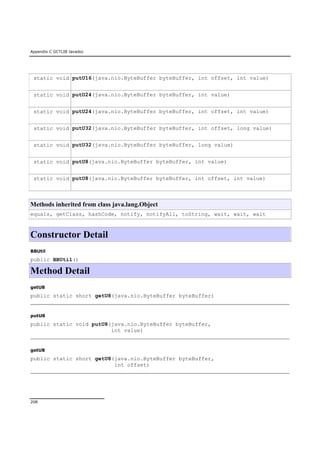 Appendix C GCTLIB Javadoc
208
static void putU16(java.nio.ByteBuffer byteBuffer, int offset, int value)
static void putU24(java.nio.ByteBuffer byteBuffer, int value)
static void putU24(java.nio.ByteBuffer byteBuffer, int offset, int value)
static void putU32(java.nio.ByteBuffer byteBuffer, int offset, long value)
static void putU32(java.nio.ByteBuffer byteBuffer, long value)
static void putU8(java.nio.ByteBuffer byteBuffer, int value)
static void putU8(java.nio.ByteBuffer byteBuffer, int offset, int value)
Methods inherited from class java.lang.Object
equals, getClass, hashCode, notify, notifyAll, toString, wait, wait, wait
Constructor Detail
BBUtil
public BBUtil()
Method Detail
getU8
public static short getU8(java.nio.ByteBuffer byteBuffer)
putU8
public static void putU8(java.nio.ByteBuffer byteBuffer,
int value)
getU8
public static short getU8(java.nio.ByteBuffer byteBuffer,
int offset)
 