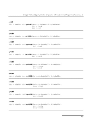 Dialogic®
Distributed Signaling Interface Components - Software Environment Programmer's Manual Issue 15
209
putU8
public static void putU8(java.nio.ByteBuffer byteBuffer,
int offset,
int value)
getU16
public static int getU16(java.nio.ByteBuffer byteBuffer)
putU16
public static void putU16(java.nio.ByteBuffer byteBuffer,
int value)
getU16
public static int getU16(java.nio.ByteBuffer byteBuffer,
int offset)
putU16
public static void putU16(java.nio.ByteBuffer byteBuffer,
int offset,
int value)
getU32
public static long getU32(java.nio.ByteBuffer byteBuffer)
putU32
public static void putU32(java.nio.ByteBuffer byteBuffer,
long value)
getU32
public static long getU32(java.nio.ByteBuffer byteBuffer,
int offset)
putU32
public static void putU32(java.nio.ByteBuffer byteBuffer,
int offset,
long value)
 