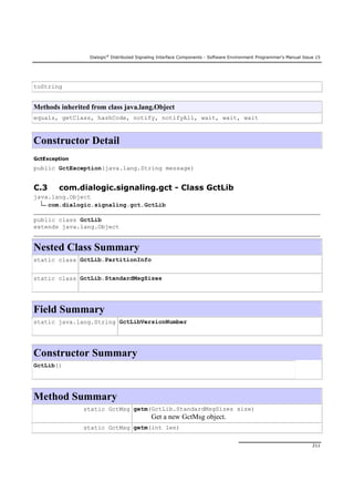 Dialogic®
Distributed Signaling Interface Components - Software Environment Programmer's Manual Issue 15
211
toString
Methods inherited from class java.lang.Object
equals, getClass, hashCode, notify, notifyAll, wait, wait, wait
Constructor Detail
GctException
public GctException(java.lang.String message)
C.3 com.dialogic.signaling.gct - Class GctLib
java.lang.Object
com.dialogic.signaling.gct.GctLib
public class GctLib
extends java.lang.Object
Nested Class Summary
static class GctLib.PartitionInfo
static class GctLib.StandardMsgSizes
Field Summary
static java.lang.String GctLibVersionNumber
Constructor Summary
GctLib()
Method Summary
static GctMsg getm(GctLib.StandardMsgSizes size)
Get a new GctMsg object.
static GctMsg getm(int len)
 