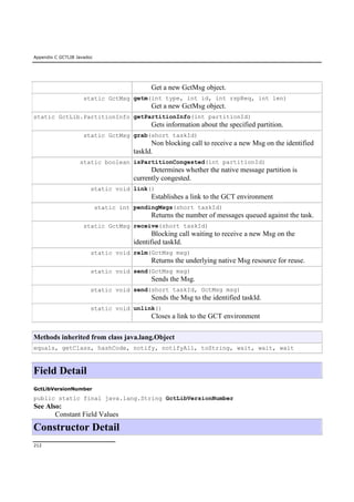 Appendix C GCTLIB Javadoc
212
Get a new GctMsg object.
static GctMsg getm(int type, int id, int rspReq, int len)
Get a new GctMsg object.
static GctLib.PartitionInfo getPartitionInfo(int partitionId)
Gets information about the specified partition.
static GctMsg grab(short taskId)
Non blocking call to receive a new Msg on the identified
taskId.
static boolean isPartitionCongested(int partitionId)
Determines whether the native message partition is
currently congested.
static void link()
Establishes a link to the GCT environment
static int pendingMsgs(short taskId)
Returns the number of messages queued against the task.
static GctMsg receive(short taskId)
Blocking call waiting to receive a new Msg on the
identified taskId.
static void relm(GctMsg msg)
Returns the underlying native Msg resource for reuse.
static void send(GctMsg msg)
Sends the Msg.
static void send(short taskId, GctMsg msg)
Sends the Msg to the identified taskId.
static void unlink()
Closes a link to the GCT environment
Methods inherited from class java.lang.Object
equals, getClass, hashCode, notify, notifyAll, toString, wait, wait, wait
Field Detail
GctLibVersionNumber
public static final java.lang.String GctLibVersionNumber
See Also:
Constant Field Values
Constructor Detail
 