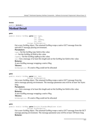 Dialogic®
Distributed Signaling Interface Components - Software Environment Programmer's Manual Issue 15
213
GctLib
public GctLib()
Method Detail
getm
public static GctMsg getm(int type,
int id,
int rspReq,
int len)
throws GctException
Get a new GctMsg object. The returned GctMsg wraps a native GCT message from the
nativeGCT message passing environment.
Parameters:
type - Set the GctMsg type field to this value
id - Set the GctMsg id field to this value
rspReq - Set the GctMsg rspReq to this value
len - Get a message of at least this length and set the GctMsg len field to this value
Returns:
A new GctMsg message wrapping a native Msg
Throws:
GctException - If a native Msg could not be allocated
getm
public static GctMsg getm(int len)
throws GctException
Get a new GctMsg object. The returned GctMsg wraps a native GCT message from the
native message passing environment. The message parameter area will be at least 'len' bytes
long.
Parameters:
len - Get a message of at least this length and set the GctMsg len field to this value
Returns:
A new GctMsg message wrapping a native Msg
Throws:
GctException - If a native Msg could not be allocated
getm
public static GctMsg getm(GctLib.StandardMsgSizes size)
throws GctException
Get a new GctMsg object. The returned GctMsg wraps a native GCT message from the GCT
message passing environment. The message parameter area will be at least 320 bytes long.
Returns:
 