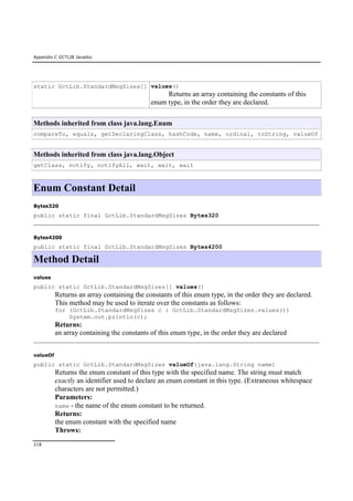 Appendix C GCTLIB Javadoc
218
static GctLib.StandardMsgSizes[] values()
Returns an array containing the constants of this
enum type, in the order they are declared.
Methods inherited from class java.lang.Enum
compareTo, equals, getDeclaringClass, hashCode, name, ordinal, toString, valueOf
Methods inherited from class java.lang.Object
getClass, notify, notifyAll, wait, wait, wait
Enum Constant Detail
Bytes320
public static final GctLib.StandardMsgSizes Bytes320
Bytes4200
public static final GctLib.StandardMsgSizes Bytes4200
Method Detail
values
public static GctLib.StandardMsgSizes[] values()
Returns an array containing the constants of this enum type, in the order they are declared.
This method may be used to iterate over the constants as follows:
for (GctLib.StandardMsgSizes c : GctLib.StandardMsgSizes.values())
System.out.println(c);
Returns:
an array containing the constants of this enum type, in the order they are declared
valueOf
public static GctLib.StandardMsgSizes valueOf(java.lang.String name)
Returns the enum constant of this type with the specified name. The string must match
exactly an identifier used to declare an enum constant in this type. (Extraneous whitespace
characters are not permitted.)
Parameters:
name - the name of the enum constant to be returned.
Returns:
the enum constant with the specified name
Throws:
 