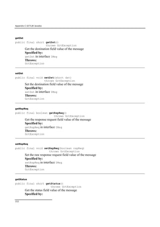 Appendix C GCTLIB Javadoc
222
getDst
public final short getDst()
throws GctException
Get the destination field value of the message
Specified by:
getDst in interface IMsg
Throws:
GctException
setDst
public final void setDst(short dst)
throws GctException
Set the destination field value of the message
Specified by:
setDst in interface IMsg
Throws:
GctException
getRspReq
public final boolean getRspReq()
throws GctException
Get the response request field value of the message
Specified by:
getRspReq in interface IMsg
Throws:
GctException
setRspReq
public final void setRspReq(boolean rspReq)
throws GctException
Set the raw response request field value of the message
Specified by:
setRspReq in interface IMsg
Throws:
GctException
getStatus
public final short getStatus()
throws GctException
Get the status field value of the message
Specified by:
 