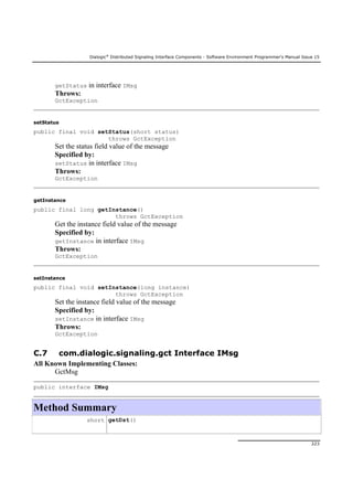 Dialogic®
Distributed Signaling Interface Components - Software Environment Programmer's Manual Issue 15
223
getStatus in interface IMsg
Throws:
GctException
setStatus
public final void setStatus(short status)
throws GctException
Set the status field value of the message
Specified by:
setStatus in interface IMsg
Throws:
GctException
getInstance
public final long getInstance()
throws GctException
Get the instance field value of the message
Specified by:
getInstance in interface IMsg
Throws:
GctException
setInstance
public final void setInstance(long instance)
throws GctException
Set the instance field value of the message
Specified by:
setInstance in interface IMsg
Throws:
GctException
C.7 com.dialogic.signaling.gct Interface IMsg
All Known Implementing Classes:
GctMsg
public interface IMsg
Method Summary
short getDst()
 