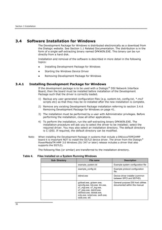 Section 3 Installation
36
3.4 Software Installation for Windows
The Development Package for Windows is distributed electronically as a download from
the Dialogic website. See Section 1.1 Related Documentation. The distribution is in the
form of a single self extracting binary named DPKWIN.EXE. This binary can be run
directly from a hard disk.
Installation and removal of the software is described in more detail in the following
topics:
● Installing Development Package for Windows
● Starting the Windows Device Driver
● Removing Development Package for Windows
3.4.1 Installing Development Package for Windows
If the development package is to be used with a Dialogic®
DSI Network Interface
Board, then the board must be installed before installation of the Development
Package such that the driver is correctly loaded.
1) Backup any user generated configuration files (e.g. system.txt, config.txt, *.ms7
scripts etc) so that they may be re-installed after the new installation is complete.
2) Remove any existing Development Package installation referring to section 3.4.6
Removing Development Package for Windows on page 41.
3) The installation must be performed by a user with Administrator privileges. Before
performing the installation, close all other applications.
4) To perform the installation, run the self-extracting binary DPKWIN.EXE. The
installation procedure will ask you to select the driver to be installed; select the
required driver. You may also select an installation directory. The default directory
is C:DSI. If required, the default directory can be modified.
Note: When installing the Development Package in systems that include a DNIxxxxTEPE2HMP
board it is important NOT to install the SS7LD device driver. The driver from the Dialogic®
PowerMediaTM HMP 3.0 Windows (SU 347 or later) release includes a driver that also
supports the SS7LD).
The following files (or similar) are transferred to the installation directory.
Table 4. Files Installed on a System Running Windows
Sub- Directory File name Description
example_system.txt Example system configuration file
example_config.txt Example protocol configuration
file.
ddinst.exe Device driver installer (common
between SPCI and SS7HD).
gctload.exe, gctserv.exe,
servcfg.exe, tick.exe, tim.exe,
s7_mgt.exe, s7_log.exe,
s7_play.exe, dsictrl.exe,
dsitrace.exe, dsistat.exe,
sctp.exe, sctpd.exe, ssdh.exe,
ssds.exe, etc
General purpose DSI host utilities
documented within this manual
 