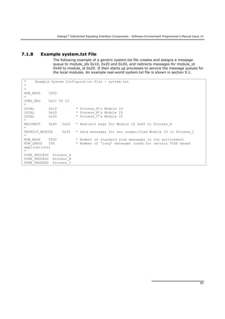Dialogic®
Distributed Signaling Interface Components - Software Environment Programmer's Manual Issue 15
85
7.1.8 Example system.txt File
The following example of a generic system.txt file creates and assigns a message
queue to module_ids 0x10, 0x20 and 0x30, and redirects messages for module_id
0x40 to module_id 0x20. It then starts up processes to service the message queues for
the local modules. An example real-world system.txt file is shown in section 9.1.
* Example System Configuration File - system.txt
*
*
NUM_MSGS 5000
*
CONG_MSG 0x21 50 10
*
LOCAL 0x10 * Process_A’s Module ID
LOCAL 0x20 * Process_B’s Module ID
LOCAL 0x30 * Process_C’s Module ID
*
REDIRECT 0x40 0x20 * Redirect msgs for Module ID 0x40 to Process_B
*
DEFAULT_MODULE 0x30 * Send messages for any unspecified Module ID to Process_C
*
NUM_MSGS 5000 * Number of standard size messages in the environment
NUM_LMSGS 200 * Number of ‘long’ messages (used for certain TCAP based
applications)
*
FORK_PROCESS Process_A
FORK_PROCESS Process_B
FORK_PROCESS Process_C
 