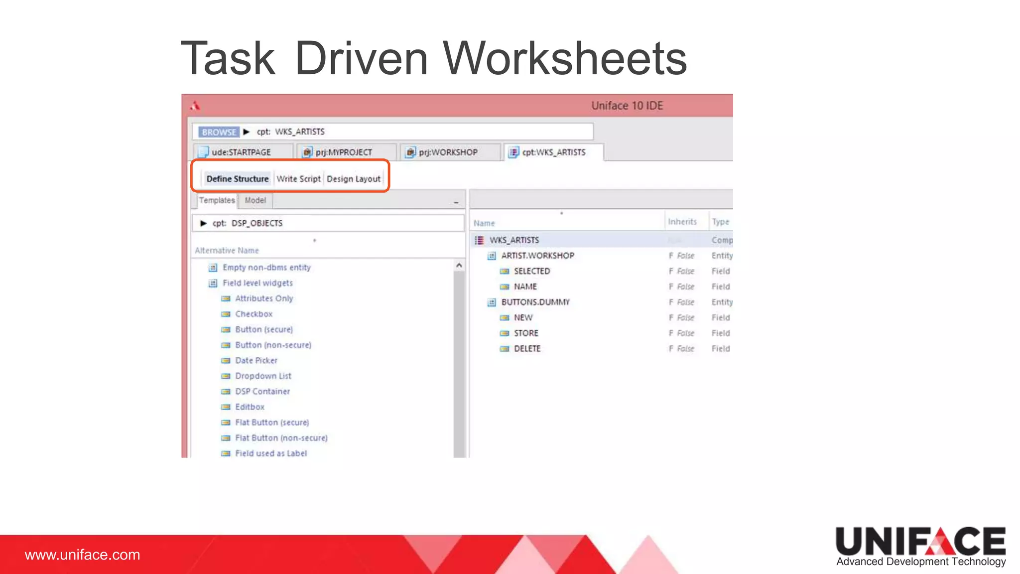 www.uniface.com Advanced Development Technology
Task Driven Worksheets
 