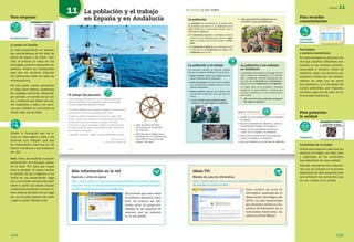 Más información en la red
Especies y artes de pesca
http://from.mapa.es/esp/pesca/especiesArtes/pescaEspeciesArtes.
asp?sec=El%20mundo%20de%20la%20pescasub=Especies%20y%20
artes%20de%20pescamenu=subMundo
Documental que trata sobre
la tradición pesquera espa­
ñola. Se analizan las dife­
rentes artes de pesca em­
pleadas en las especies de
pescado que se capturan
en la actualidad.
Para empezar
presentación
R01
La pesca en España
En esta presentación se explican
las características de los tipos de
pesca de bajura y de altura. Ade­
más, se incluye un mapa con los
principales puertos pesqueros es­
pañoles. Amplíe las ilustraciones
para que los alumnos observen
las diferencias entre los tipos de
embarcaciones.
Por otra parte, puede aprovechar
el mapa para repasar contenidos
de unidades anteriores. Recuerde,
por ejemplo, el nombre de los ma­
res y océanos que bañan las cos­
tas españolas y pida a los alum­
nos que señalen en qué zonas se
divide cada una de ellas.
Amplíe la ilustración que se in­
cluye en esta página y pida a los
alumnos que indiquen qué tipo
de embarcación creen que es: de
bajura o de altura, y que expliquen
por qué.
Nota: Antes de proyectar cualquier
presentación de esta guía, presio­
ne la tecla F11 para que ocupe
toda la pantalla. Si desea ampliar
el tamaño de las imágenes o los
textos de una presentación, haga
clic con el botón derecho del ratón
sobre la parte que desee ampliar
y seleccione Aumentar (o Zoom in).
Para volver al tamaño normal, haga
clic con el botón derecho del ratón
y elija la opción Mostrar todo.
Para recordar
conocimientos
actividad
interactiva
R02
Actividades
y sectores económicos
En esta actividad los alumnos tie­
nen que clasificar diferentes acti­
vidades en los sectores primario,
secundario o terciario. Antes de
realizarla, pida a los alumnos que
expliquen cuáles son las caracte­
rísticas de cada uno de estos
tres sectores y, si lo recuerdan de
cursos anteriores, qué importan­
cia tiene cada uno de ellos en su
Comunidad Autónoma.
Para presentar
la unidad
esquema
R03
Contenidos de la unidad
Utilice este esquema para que los
alumnos se hagan una idea clara
y organizada de los contenidos
que estudiarán en esta unidad.
Además, aproveche las ilustracio­
nes que se incluyen en la primera
diapositiva de este esquema para
que anticipen los contenidos que
se van a tratar en la unidad.
UNIDAD 11
144
La población y el trabajo
en España y en Andalucía
11
¿Qué utensilios del oficio●
del pescador se mencionan
en la lectura?
¿Piensas que el trabajo de los●
pescadores es, en nuestros días,
muy diferente al que describe
el texto? ¿Por qué?
El trabajo del pescador
En cuanto despertó, bajó a la playa, preparó su embarcación
y comenzó a remar y a separarse de la costa.
El viejo se adentró lentamente en el mar y dejó atrás
el olor a tierra para aspirar el fuerte perfume del océano.
Se dejó llevar por la corriente y preparó los cebos
y los echó al agua. De pronto, el sedal de popa se tensó.
El viejo era feliz al sentir el movimiento del cordel que
se hundía en las aguas.
– ¡Qué pez! –exclamó–. Según la fuerza debe de ser enorme...
ERNEST HEMINGWAY
El viejo y el mar. Adaptación
Ernest Hemingway describió cómo era el trabajo de los pescadores
hace más de 50 años. En la actualidad, la pesca es una actividad
en la que trabajan pocas personas en España.
129713 _ 0144-0157.indd 144 12/3/09 13:47:25
145144
145
La población
La población de un territorio es el número total
de personas que vive en él. La población de un
lugar cambia por el crecimiento natural y por el
crecimiento migratorio.
El● crecimiento natural es la diferencia entre el
número de los habitantes que nacen o natali-
dad y el número de los que mueren o morta-
lidad.
El● crecimiento migratorio es la diferencia entre
el número de los inmigrantes que llegan y los
emigrantes que se van.
La población y el trabajo
Las personas trabajan en diversas activida-
des que se pueden clasificar en tres grupos.
Sector primario.● Agrupa los trabajos que ob-
tienen productos de la naturaleza.
Sector secundario.● Comprende los trabajos
que transforman materias primas en pro-
ductos elaborados.
Sector terciario.● Agrupa los trabajos que
no obtienen productos, sino que dan ser-
vicios.
2. Di qué trabajos están realizando estas
personas y en qué sectores se clasifican.
La población y los trabajos
en Andalucía
La población de Andalucía es de algo más de
ocho millones de habitantes. En la actuali-
dad, la población aumenta lentamente, por-
que hay más nacimientos que defunciones y
porque hay más inmigración que emigración.
La mayor parte de la población andaluza
trabaja en el sector terciario, mientras que
el sector primario es el que menos perso-
nas ocupa.
3. ¿Por qué aumenta la población andaluza?
Pon algunos ejemplos.
RECUERDA LO QUE SABES
Cuáles son las características de la población●
de España.
Qué es la densidad de población y cómo es●
la densidad de España y de Andalucía.
Cuáles son las actividades económicas●
y cómo son en España y en Andalucía.
Cómo son los servicios que más personas●
ocupan en España y en Andalucía.
Cómo se interpreta una pirámide de población.●
VAS A APRENDER
1. ¿Por qué aumenta la población de un
territorio? ¿Y por qué disminuye?
A
B
129713 _ 0144-0157.indd 145 12/3/09 13:47:26
R01
R03
R02
Ideas TIC
Modelo de aula de Informática
http://observatorio.cnice.mec.es/modules.php?op=modloadname=
Newsfile=articlesid=669
Este modelo de aula de
Informática, publicado por el
Observatorio Tecnológico del
ISFTIC, ha sido desarrollado
por docentes desde la Con­
selleria de Educación de la
Comunidad Valenciana. Su
autora es Elvira Mifsud.
 