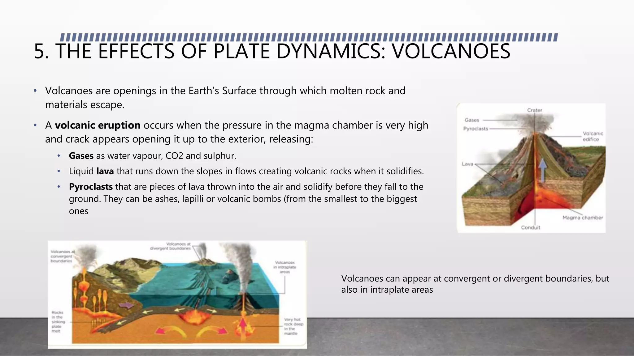 5. THE EFFECTS OF PLATE DYNAMICS: VOLCANOES
• Volcanoes are openings in the Earth’s Surface through which molten rock and
materials escape.
• A volcanic eruption occurs when the pressure in the magma chamber is very high
and crack appears opening it up to the exterior, releasing:
• Gases as water vapour, CO2 and sulphur.
• Liquid lava that runs down the slopes in flows creating volcanic rocks when it solidifies.
• Pyroclasts that are pieces of lava thrown into the air and solidify before they fall to the
ground. They can be ashes, lapilli or volcanic bombs (from the smallest to the biggest
ones
Volcanoes can appear at convergent or divergent boundaries, but
also in intraplate areas
 