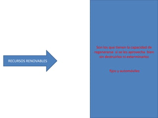 Son los que tienen la capacidad de
                      regenerarse si se les aprovecha bien
                         sin destruirlos ni exterminarlos
RECURSOS RENOVABLES

                               fijos y automóviles
 