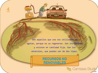 Son aquellos que una vez utilizados se
agotan, porque no se regeneran. Son inorgánicos
      y existen en cantidad fija. Son los
    minerales, que pueden ser de dos tipos.
 