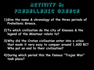 Activity 5:
PREHELLENIC GREECE
1) Give the name & chronology of the three periods of
Prehellenic Greece.
2) To which civilisation do the city of Knossos & the
legend of the Minotaur relate to?
3) Why did the Cretan civilisation enter into a crisis
that made it very easy to conquer around 1,600 BC?
Who put an end to their civilisation?
4) During which period this the famous “Trojan War”
took place?

 