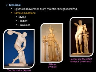  Classical:
 Figures in movement. More realistic, though idealized.
 Famous sculptors:
 Myron
 Phidias
 Praxiteles

Athena
(Phidias)
The Discobolus (Myron)

Hermes and the infant
Dionysus (Praxiteles)

 