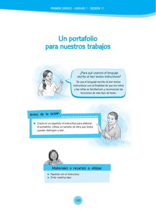 Un portafolio
para nuestros trabajos
	 Papelote con el instructivo.
	Cinta masking tape.
	 Copia en un papelote el instructivo para elaborar
el portafolio. Utiliza un tamaño de letra que todos
puedan distinguir y leer.
Antes de la sesión
Materiales o recursos a utilizar
Se usa el lenguaje escrito al leer textos
instructivos con la finalidad de que los niños
y las niñas se familiaricen y reconozcan las
funciones de este tipo de texto.
¿Para qué usamos el lenguaje
escrito al leer textos instructivos?
PRIMER GRADO - UNIDAD 1 - SESIÓN 11
100
 