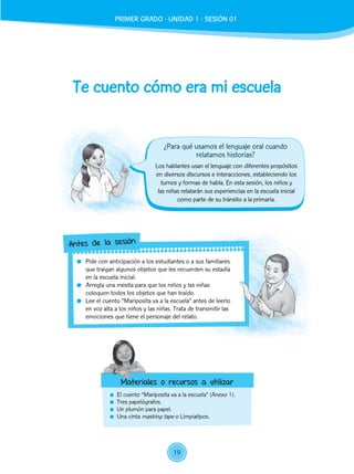 Te cuento cómo era mi escuela
	 El cuento “Mariposita va a la escuela” (Anexo 1).
	 Tres papelógrafos.
	 Un plumón para papel.
	 Una cinta masking tape o Limpiatipos.
Los hablantes usan el lenguaje con diferentes propósitos
en diversos discursos e interacciones, estableciendo los
turnos y formas de habla. En esta sesión, los niños y
las niñas relatarán sus experiencias en la escuela inicial
como parte de su tránsito a la primaria.
	 Pide con anticipación a los estudiantes o a sus familiares
que traigan algunos objetos que les recuerden su estadía
en la escuela inicial.
	 Arregla una mesita para que los niños y las niñas
coloquen todos los objetos que han traído.
	 Lee el cuento “Mariposita va a la escuela” antes de leerlo
en voz alta a los niños y las niñas. Trata de transmitir las
emociones que tiene el personaje del relato.
Antes de la sesión
Materiales o recursos a utilizar
¿Para qué usamos el lenguaje oral cuando
relatamos historias?
PRIMER GRADO - UNIDAD 1 - SESIÓN 01
19
 