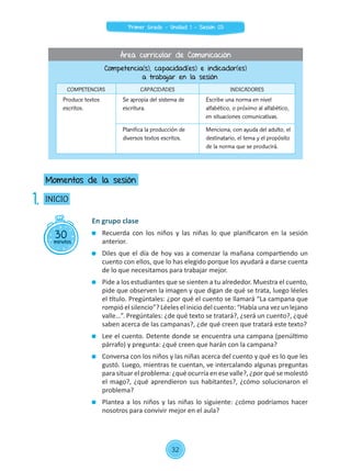 En grupo clase
	 Recuerda con los niños y las niñas lo que planificaron en la sesión
anterior.
	 Diles que el día de hoy vas a comenzar la mañana compartiendo un
cuento con ellos, que lo has elegido porque los ayudará a darse cuenta
de lo que necesitamos para trabajar mejor.
	 Pide a los estudiantes que se sienten a tu alrededor. Muestra el cuento,
pide que observen la imagen y que digan de qué se trata, luego léeles
el título. Pregúntales: ¿por qué el cuento se llamará “La campana que
rompió el silencio”? Léeles el inicio del cuento: “Había una vez un lejano
valle…”. Pregúntales: ¿de qué texto se tratará?, ¿será un cuento?, ¿qué
saben acerca de las campanas?, ¿de qué creen que tratará este texto?
	 Lee el cuento. Detente donde se encuentra una campana (penúltimo
párrafo) y pregunta: ¿qué creen que harán con la campana?
	 Conversa con los niños y las niñas acerca del cuento y qué es lo que les
gustó. Luego, mientras te cuentan, ve intercalando algunas preguntas
para situar el problema: ¿qué ocurría en ese valle?, ¿por qué se molestó
el mago?, ¿qué aprendieron sus habitantes?, ¿cómo solucionaron el
problema?
	 Plantea a los niños y las niñas lo siguiente: ¿cómo podríamos hacer
nosotros para convivir mejor en el aula?
30minutos
INICIO
Momentos de la sesión
1.
Competencia(s), capacidad(es) e indicador(es)
a trabajar en la sesión
COMPETENCIAS CAPACIDADES INDICADORES
	 Produce textos
escritos.
	 Se apropia del sistema de
escritura.
	 Escribe una norma en nivel
alfabético, o próximo al alfabético,
en situaciones comunicativas.
	 Planifica la producción de
diversos textos escritos.
	 Menciona, con ayuda del adulto, el
destinatario, el tema y el propósito
de la norma que se producirá.
Área curricular de Comunicación
32
Primer Grado - Unidad 1 - Sesión 03
 