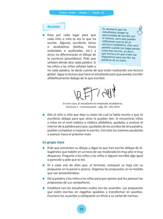 Dile al niño o niña que deje su texto tal cual lo había escrito y que tú
escribirás debajo para que otros lo puedan leer. Si encuentras niños
y niñas en el nivel silábico o silábico alfabético, ayúdalos a analizar el
interior de la palabra para que, ayudados de los sonidos de otra palabra,
puedan completar o mejorar lo escrito. Con esto los estamos ayudando
a avanzar hacia el próximo nivel.
	Pasa por cada lugar para que
cada niño o niña te lea lo que ha
escrito. Algunos escribirán letras
o seudoletras (bolitas, líneas
onduladas o quebradas, etc.) y
otros no diferenciarán el dibujo de
la escritura (presilábico). Pide que
señalen dónde dice cada palabra. Si
los niños y las niñas señalan todo y
no cada palabra, te darás cuenta de que están realizando una lectura
global. Sigue la lectura que hace el estudiante para que puedas escribir
alfabéticamente debajo de lo que escribió.
En este caso, el estudiante ha empleado seudoletras.
Fascículo 1 - Comunicación - pág. 28 - año 2013
En grupo clase
	 Pide que presenten su dibujo y digan lo que han escrito debajo de él.
Sugiéreles que hablen en un tono de voz moderado (ni muy alto ni muy
despacio). Pregunta a los niños y las niñas si alguien escribió algo igual
o parecido y pide que lo lea.
	 Di a cada uno de ellos que, al terminar, coloquen su hoja con su
propuesta en la pared o pizarra. Organiza las propuestas en la medida
que van presentándose.
	 Da la palabra a los niños y las niñas para que opinen qué les parecen las
propuestas de sus compañeros.
	 Establece con los estudiantes cuáles son los acuerdos. Las propuestas
que estén escritas en negativo ayúdalas a transformar en positivo.
Enumera los acuerdos y colóquenle un título a su cartel de normas.
Es necesario que los
estudiantes tengan la
oportunidad de escribir por
sí mismos, para que puedan
reflexionar acerca de la
escritura alfabética. Esto será
posible cuando los hagas pensar
cómo han escrito, es decir,
qué letras y en qué orden las
dispusieron para escribir las
palabras de su texto.
Revisión
34
Primer Grado - Unidad 1 - Sesión 03
 