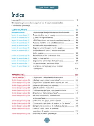MATEMÁTICA..............................................................................................	115
Unidad didáctica 1	 :	Organizamos y ambientamos nuestra aula......................... 	 117
Sesión de aprendizaje 01	 :	¿Qué aprenderemos en matemática?................................. 	 122
Sesión de aprendizaje 02	 :	Organizamos los objetos de los sectores del aula............... 	 127
Sesión de aprendizaje 03	 :	Ubicamos objetos encima y debajo..................................... 	 132
Sesión de aprendizaje 04	 :	¿Dónde están los materiales?............................................. 	 137
Sesión de aprendizaje 05	 :	Clasificamos y ubicamos cada cosa en su lugar................... 	 142
Sesión de aprendizaje 06	 :	Organizamos "La tiendita del aula"..................................... 	 148
Sesión de aprendizaje 07	 :	Hacemos seriaciones y adornamos los
		 sectores del aula.................................................................. 	 153
Sesión de aprendizaje 08	 :	Ordenamos por grosor, tamaño y color.............................. 	 158
Sesión de aprendizaje 09	 :	Comparamos colecciones de objetos en "La tiendita"........ 	 162
Sesión de aprendizaje 10	 :	Comparamos colecciones de hasta diez objetos................. 	 168
Sesión de aprendizaje 11	 :	Usamos “tantos como” al comparar
		 colecciones de objetos........................................................ 	 173
Sesión de aprendizaje 12	 :	Valoramos nuestros aprendizajes........................................ 	 178
Índice
Presentación....................................................................................................................... 	 3
Orientaciones y recomendaciones para el uso de las unidades didácticas
y sesiones de aprendizaje................................................................................................... 	 5
COMUNICACIÓN.........................................................................................	 11
Unidad didáctica 1 	 : 	Organizamos el aula y aprendemos nuestros nombres.......... 	 13	
Sesión de aprendizaje 01 	 :	 Te cuento cómo era mi escuela.......................................... 	 19
Sesión de aprendizaje 02 	 :	 ¿Cómo nos organizaremos?............................................... 	 25
Sesión de aprendizaje 03	 :	 ¡Shhh! Acordamos nuestras normas de convivencia.......... 	 31
Sesión de aprendizaje 04	 :	 Nuestros nombres en el cartel de asistencia...................... 	 42
Sesión de aprendizaje 05	 :	 Rotulamos los objetos personales...................................... 	 52
Sesión de aprendizaje 06	 :	 Elegimos un nombre para nuestro grupo........................... 	 56
Sesión de aprendizaje 07	 :	 Establecemos las tareas y responsabilidades
		 de los grupos...................................................................... 	 65
Sesión de aprendizaje 08	 :	 Rotulamos nuestros sectores del aula................................ 	 75
Sesión de aprendizaje 09	 :	 Yo leo y tú me cuentas........................................................ 	 84
Sesión de aprendizaje 10	 :	 Organizamos la biblioteca de nuestra aula......................... 	 94
Sesión de aprendizaje 11	 :	 Un portafolio para nuestros trabajos................................. 	 100
Sesión de aprendizaje 12	 :	 ¡Escribimos mensajes y creamos el sector
		 "Mensajitos"!..................................................................... 	 105
Primer Grado - Unidad 1
4
 
