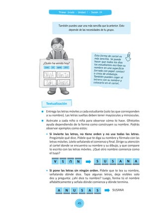 También puedes usar una más sencilla que la anterior. Esto
depende de las necesidades de tu grupo.
	 Entrega las letras móviles a cada estudiante (solo las que corresponden
a su nombre). Las letras sueltas deben tener mayúsculas y minúsculas.
	 Acércate a cada niño o niña para observar cómo lo hace. Ofréceles
ayuda dependiendo de la forma como construyen su nombre. Podrás
observar ejemplos como estos:
	 Si invierte las letras, no tiene orden y no usa todas las letras.
Pregúntale qué dice. Pídele que te diga su nombre y fórmalo con las
letras móviles. Léelo señalando el comienzo y final. Dirige su atención
al cartel donde se encuentra su nombre y su dibujo, y que compare
lo escrito con las letras móviles. ¿Qué otro nombre comienza como
el tuyo?
	 Si pone las letras sin ningún orden. Pídele que te lea su nombre,
señalando dónde dice. Tapa algunas letras, deja visibles solo
dos y pregunta: ¿ahí dice tu nombre? Luego, forma tú el nombre
alfabéticamente y señala dónde comienza y dónde termina.
Esta forma de cartel es
más sencilla. Se puede
hacer que todos los días
los estudiantes escriban su
nombre en una superficie
forrada con papel contact
o cinta de embalaje.
También pueden coger el
letrero con su nombre y
colocarlo en el cartel.
SUSANA
Lunes agosto 201525
¿Quién ha venido hoy?
S U S A N A
A N U S A S
NUSA
Textualización
45
Primer Grado - Unidad 1 - Sesión 04
 