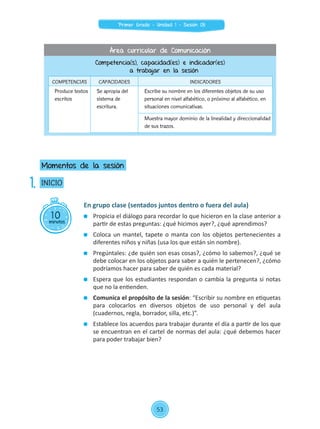 En grupo clase (sentados juntos dentro o fuera del aula)
	 Propicia el diálogo para recordar lo que hicieron en la clase anterior a
partir de estas preguntas: ¿qué hicimos ayer?, ¿qué aprendimos?
	 Coloca un mantel, tapete o manta con los objetos pertenecientes a
diferentes niños y niñas (usa los que están sin nombre).
	 Pregúntales: ¿de quién son esas cosas?, ¿cómo lo sabemos?, ¿qué se
debe colocar en los objetos para saber a quién le pertenecen?, ¿cómo
podríamos hacer para saber de quién es cada material?
	 Espera que los estudiantes respondan o cambia la pregunta si notas
que no la entienden.
	 Comunica el propósito de la sesión: “Escribir su nombre en etiquetas
para colocarlos en diversos objetos de uso personal y del aula
(cuadernos, regla, borrador, silla, etc.)”.
	 Establece los acuerdos para trabajar durante el día a partir de los que
se encuentran en el cartel de normas del aula: ¿qué debemos hacer
para poder trabajar bien?
10minutos
INICIO
Momentos de la sesión
1.
Competencia(s), capacidad(es) e indicador(es)
a trabajar en la sesión
COMPETENCIAS CAPACIDADES INDICADORES
	 Produce textos
escritos
	 Se apropia del
sistema de
escritura.
	 Escribe su nombre en los diferentes objetos de su uso
personal en nivel alfabético, o próximo al alfabético, en
situaciones comunicativas.
	 Muestra mayor dominio de la linealidad y direccionalidad
de sus trazos.
Área curricular de Comunicación
53
Primer Grado - Unidad 1 - Sesión 05
 