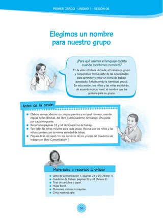 Elegimos un nombre
para nuestro grupo
	 Libro de Comunicación 1, páginas 24 y 25 (Anexo 1).
	 Cuaderno de trabajo, páginas 33 y 34 (Anexo 2).
	 Tiras de cartulina o papel.
	 Hojas Bond.
	 Plumones, colores o crayolas.
	Cinta masking tape.
En la vida cotidiana del aula, el trabajo en grupo
y cooperativo forma parte de las necesidades
para aprender y crear un clima de trabajo
apropiado, fortaleciendo la identidad grupal.
En esta sesión, los niños y las niñas escribirán,
de acuerdo con su nivel, el nombre que les
gustaría para su grupo.
	 Elabora rompecabezas con piezas grandes y en igual número, usando
copias de las láminas, del libro o del Cuaderno de trabajo. Una pieza
por cada integrante.
	 Recorta las páginas 33 y 34 del Cuaderno de trabajo.
	 Ten listas las letras móviles para cada grupo. Revisa que los niños y las
niñas cuenten con la misma variedad de letras.
	 Prepara tiras de papel con los nombres de los grupos del Cuaderno de
trabajo y el libro Comunicación 1.
Antes de la sesión
Materiales o recursos a utilizar
¿Para qué usamos el lenguaje escrito
cuando escribimos nombres?
PRIMER GRADO - UNIDAD 1 - SESIÓN 06
56
 