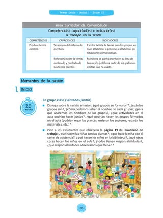 En grupo clase (sentados juntos)
	 Dialoga sobre la sesión anterior: ¿qué grupos se formaron?, ¿cuántos
grupos son?, ¿cómo podemos saber el nombre de cada grupo?, ¿para
qué usaremos los nombres de los grupos?, ¿qué actividades en el
aula podrían hacer juntos?, ¿qué podrían hacer los grupos formados
en el aula (podrían regar las plantas, ordenar los sectores, repartir los
materiales, etc.)?
	 Pide a los estudiantes que observen la página 19 del Cuaderno de
trabajo: ¿qué hacen las niñas con las plantas?, ¿qué hace la niña con el
cartel de asistencia?, ¿qué hacen los niños en la biblioteca?, ¿qué otras
cosas hacen los niños en el aula?, ¿todos tienen responsabilidades?,
¿qué responsabilidades observamos que tienen?
20minutos
INICIO
Momentos de la sesión
1.
Competencia(s), capacidad(es) e indicador(es)
a trabajar en la sesión
COMPETENCIAS CAPACIDADES INDICADORES
	 Produce textos
escritos.
	 Se apropia del sistema de
escritura.
	 Escribe la lista de tareas para los grupos, en
nivel alfabético, o próximo al alfabético, en
situaciones comunicativas.
	 Reflexiona sobre la forma,
contenido y contexto de
sus textos escritos
	 Menciona lo que ha escrito en su lista de
tareas y lo justifica a partir de los grafismos
o letras que ha usado.
Área curricular de Comunicación
66
Primer Grado - Unidad 1 - Sesión 07
 