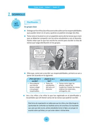 Dialogaconlosniñosylasniñasacercadecuálessonlasresponsabilidades
que pueden tener en el aula y quiénes se podrían encargar de ellas.
	 Toma nota en la pizarra o en un papelote acerca de las tareas que creen
que se deberían compartir con los otros estudiantes y con el docente.
Hazles notar que lo que has escrito les servirá para escribir la lista de
tareas que luego distribuirán en los grupos.
	 Diles que, como van a escribir sus responsabilidades, primero se van a
poner de acuerdo en lo siguiente:
	 Lee a los niños y las niñas lo que has registrado en el planificador y
recuérdales que ahí tienen varias de las tareas que podrían escribir.
60minutos
DESARROLLO2.
En grupo clase
¿Para qué van a
escribir?
¿Quién lo va a
leer?
¿Qué vamos a escribir?
	 Para elaborar
una lista de
tareas y elegir
a los grupos
responsables.
	 Todos los
estudiantes
del aula y el
docente.
	 Tareas como regar las
plantas, repartir los
cuadernos, limpiar las mesas,
ordenar los materiales,
entregarlos, etc.
Esta forma de organización se realiza para que los niños y las niñas tengan la
oportunidad de confrontar sus hipótesis acerca de la escritura. Es importante
que, para que esto ocurra, ambos estudiantes tomen el lápiz y se pongan de
acuerdo sobre qué letras y en qué orden deben ir dichas letras.
Ahora, me van
a decir qué
responsabilidades
vamos a asumir
Ordenamos.
Limpiamos.
Planificación
68
Primer Grado - Unidad 1 - Sesión 07
 