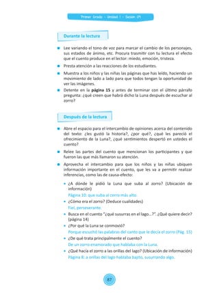 Abre el espacio para el intercambio de opiniones acerca del contenido
del texto: ¿les gustó la historia?, ¿por qué?, ¿qué les pareció el
ofrecimiento de la Luna?, ¿qué sentimientos despertó en ustedes el
cuento?
	 Relee las partes del cuento que mencionan los participantes y que
fueron las que más llamaron su atención.
	 Aprovecha el intercambio para que los niños y las niñas ubiquen
información importante en el cuento, que les va a permitir realizar
inferencias, como las de causa-efecto:
	¿A dónde le pidió la Luna que suba al zorro? (Ubicación de
información)
	 Página 10: que suba al cerro más alto.
	 ¿Cómo era el zorro? (Deduce cualidades)
	 Fiel, perseverante.
	 Busca en el cuento “¿qué susurras en el lago…?”. ¿Qué quiere decir?
(página 14)
	 ¿Por qué la Luna se conmovió?
	 Porque escuchó las palabras del canto que le decía el zorro (Pág. 15)
	 ¿De qué trata principalmente el cuento?
	 De un zorro enamorado que hablaba con la Luna.
	 ¿Qué hacía el zorro a las orillas del lago? (Ubicación de información)
	 Página 8: a orillas del lago hablaba bajito, susurrando algo.
Durante la lectura
	 Lee variando el tono de voz para marcar el cambio de los personajes,
sus estados de ánimo, etc. Procura trasmitir con tu lectura el efecto
que el cuento produce en el lector: miedo, emoción, tristeza.
	 Presta atención a las reacciones de los estudiantes.
	 Muestra a los niños y las niñas las páginas que has leído, haciendo un
movimiento de lado a lado para que todos tengan la oportunidad de
ver las imágenes.
	 Detente en la página 15 y antes de terminar con el último párrafo
pregunta: ¿qué creen que habrá dicho la Luna después de escuchar al
zorro?
Después de la lectura
87
Primer Grado - Unidad 1 - Sesión 09
 