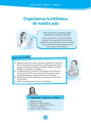 Organizamos la biblioteca
de nuestra aula
	 Biblioteca del aula.
	 Cuaderno de trabajo, página 31.
	 Etiquetas con nombres de los libros o
sectores de la biblioteca.
	 Lápices, colores y hojas Bond.
En esta oportunidad, los niños y las niñas se
vincularán con los portadores (libros, revistas,
periódicos) y los diversos textos que se encuentran
en ellos, realizando las prácticas lectoras que se
llevan a cabo en una biblioteca.
	 Elabora una lista de tus niños y niñas, pero organizados en grupos de
tres. En cada grupo coloca a los niños y las niñas que tienen niveles
cercanos de escritura: presilábico con silábico, silábico con silábico
alfabético y este último con alfabético.
	 Lee desde la página 76 hasta la 79 de las Rutas de Aprendizaje del
III ciclo (versión 2015), área curricular de Comunicación, donde
encontrarás pautas para el proceso de producción de textos.
	 Prepara tiras de papel o cartulina de colores para los letreros de los
tipos de textos.
	 Clasifica con anticipación los textos de la biblioteca.
Antes de la sesión
Materiales o recursos a utilizar
¿Para qué usamos el lenguaje cuando
organizamos la biblioteca del aula?
PRIMER GRADO - UNIDAD 1 - SESIÓN 10
94
 